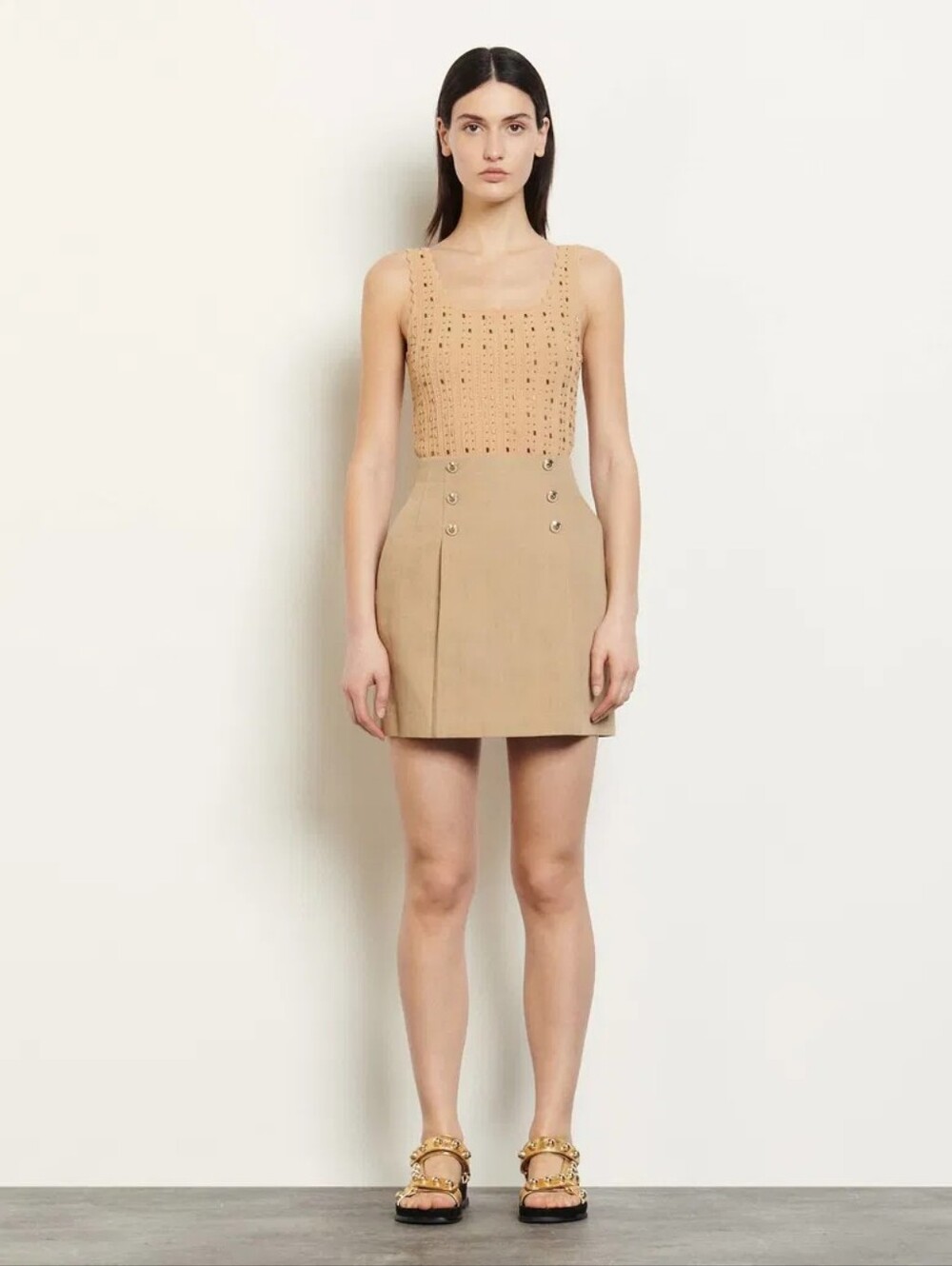Sandro Beige Tan Mini Skirt with Double Button Detail